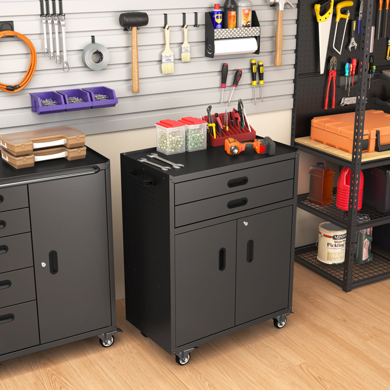 Armoire de rangement en métal pour outils avec 2 tiroirs et 2 portes avec roulettes et serrure