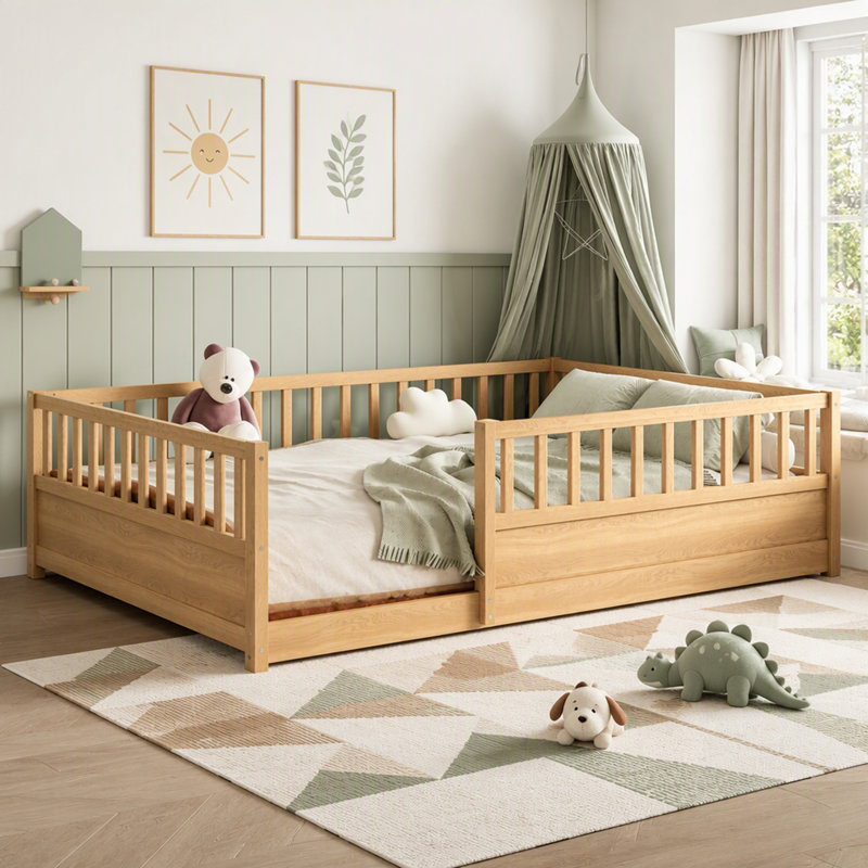 Lit au sol avec barrière de haute sécurité, idéal pour les jeux et le sommeil des enfants, structure en bois Montessori