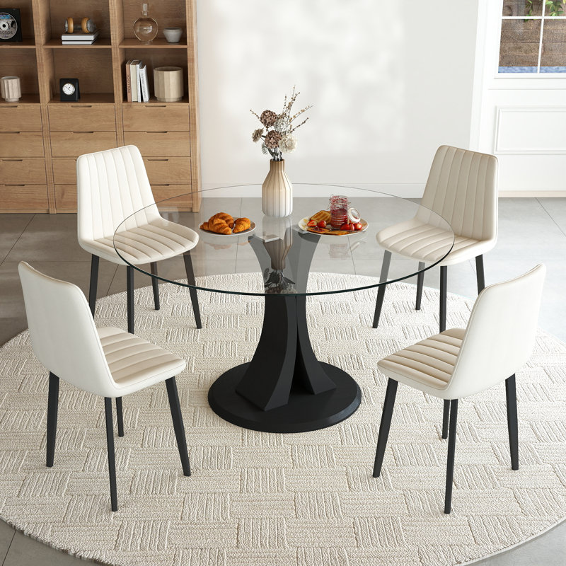 Modern Round Glass Pedestal Dining Set for Kitchen, Dining Room, Apartment