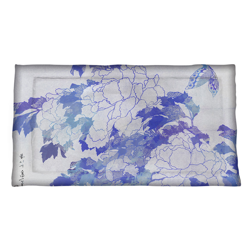 Taie décorative pivoines et papillons, Standard / simple, Polyester, Mauve/blanc