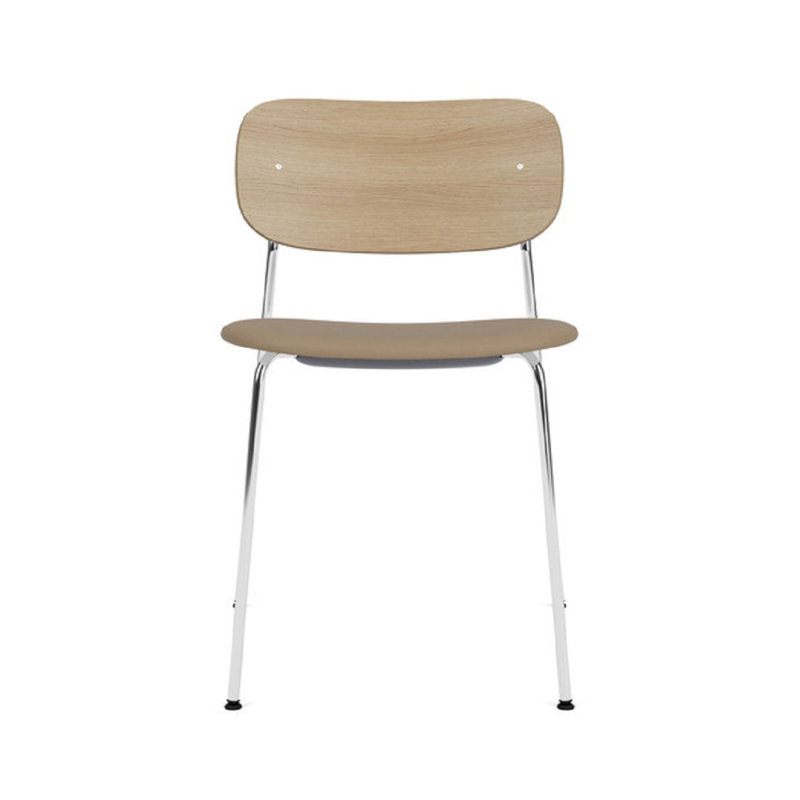 Co Upholstered Dining Chair, Brown Leather, Chrome, Natual Oak