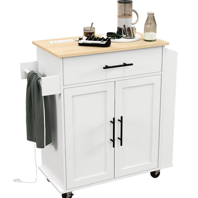 White Rolling Cart With Storage And Electrical Options, Ac Outlets, Ports, Drawer, Cabinet Adjustable Shelf, Towel Rack, Spice Rack Mobile Kitchen Island Availability Valuable - White,