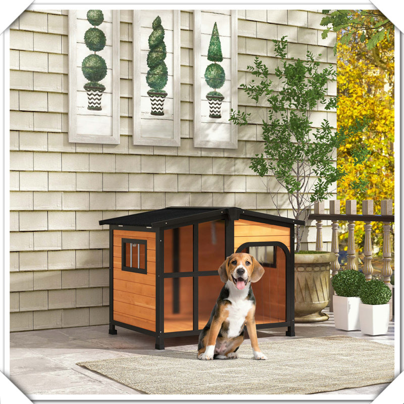 Niche pour chien en bois de style chalet avec toit ouvrant