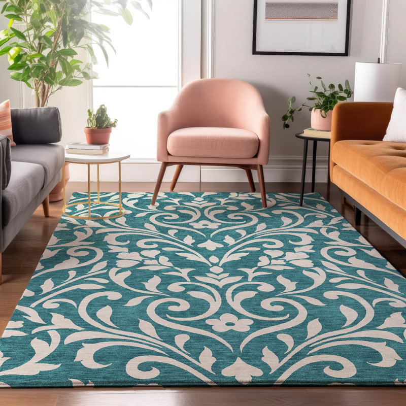 Premium Machine Washable Prisco Teal Rug, Rectangle 8' x 10'