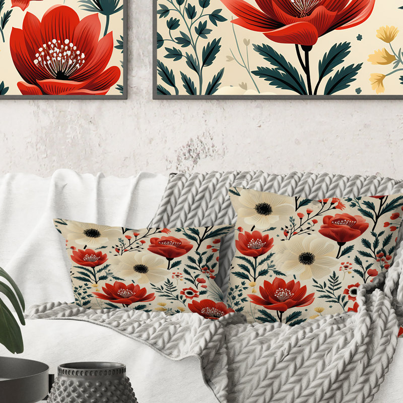 Red And Beige Retro Floral Pattern - Floral Printed Throw Pillow, 16"H x 16"W