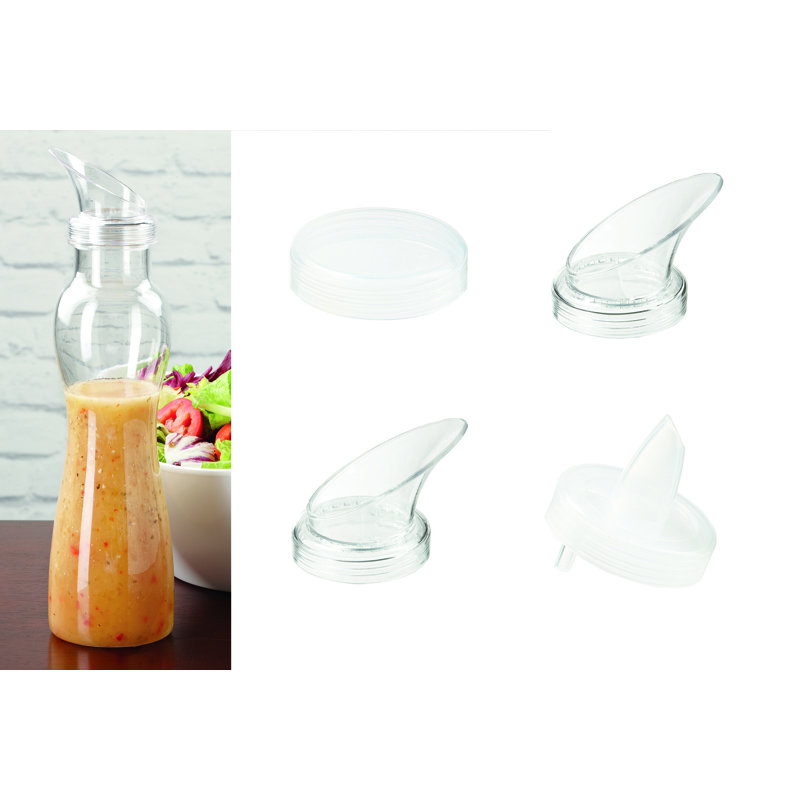 (6) Bouteilles à vinaigrette transparentes avec (24) couvercles par GET, H 10,75 po x l 3,25 po x P 3,25 po