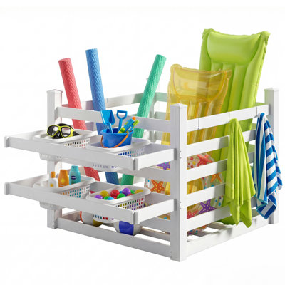 PVC Pool Storage Bin with Wheels, Waterproof Pool Float Organizer with 6 Hooks for Pool Toys & Deck Equipment