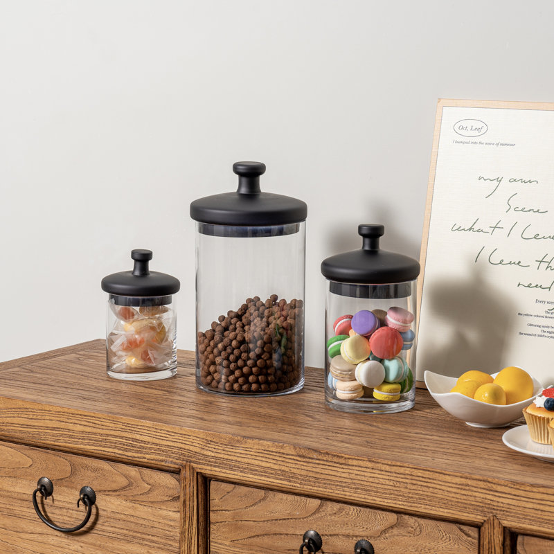 3 Piece Glass Apothecary Jar Set with Black Lid