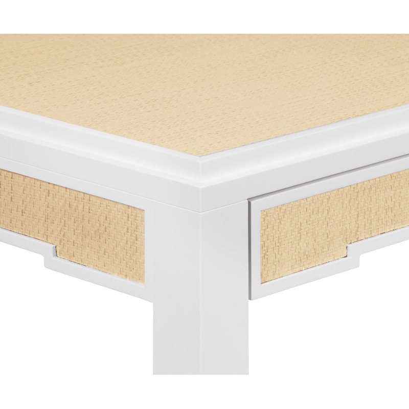 Square Two Drawer Game Table In Matte White Lacquer Frame And Inset Natural Grasscloth