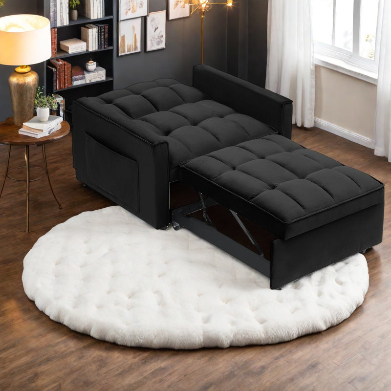 Fauteuil-lit compact et réglable, métal noir et bois pour les petits espaces