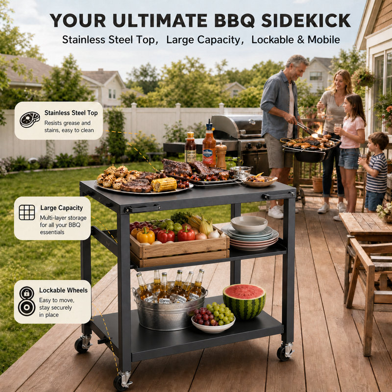 30" Outdoor Pizza Oven Table with Storage Cabinet, Stainless Steel Grill Cart with Wheels, Outdoor Kitchen Prep Table for BBQ & Patio Cooking