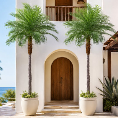  Arbre de noix de coco artificiel de 9 pi, grande plante de plancher artificielle avec pot de pépinière noir, faux palmier pour le salon, le bureau, l'hôtel, le patio couvert et le bord de la piscine (ensemble de 2)