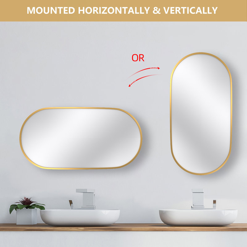 Oval Bathroom Mirror Wall Mounted Metal Frame Vanity Hang Vertically & Horizontally Decor, Gold
