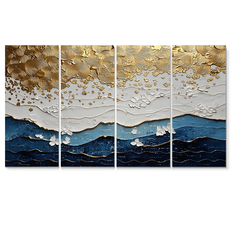Blue Waves Heights Golden Coastal III - Coastal Wall Art Print Set, 28" H x 48" W