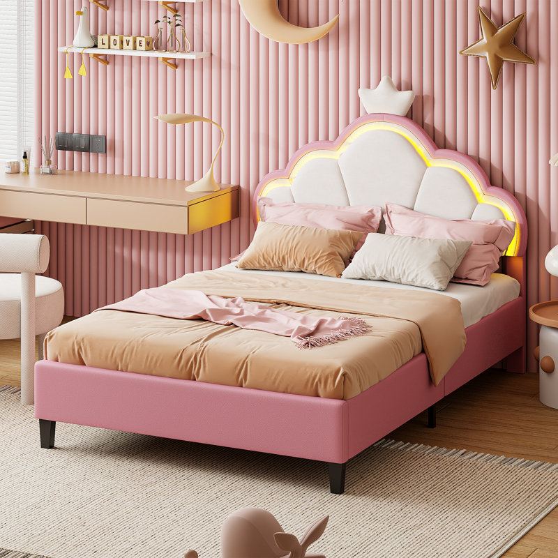 Acamas Pink Princess Single Bed Frame with LED Lights for Girls, Velvet Upholstered Kids Bed with Crown Shape Headboard, Height Adjustable Children's Youth Bed with Solid Wood Slats