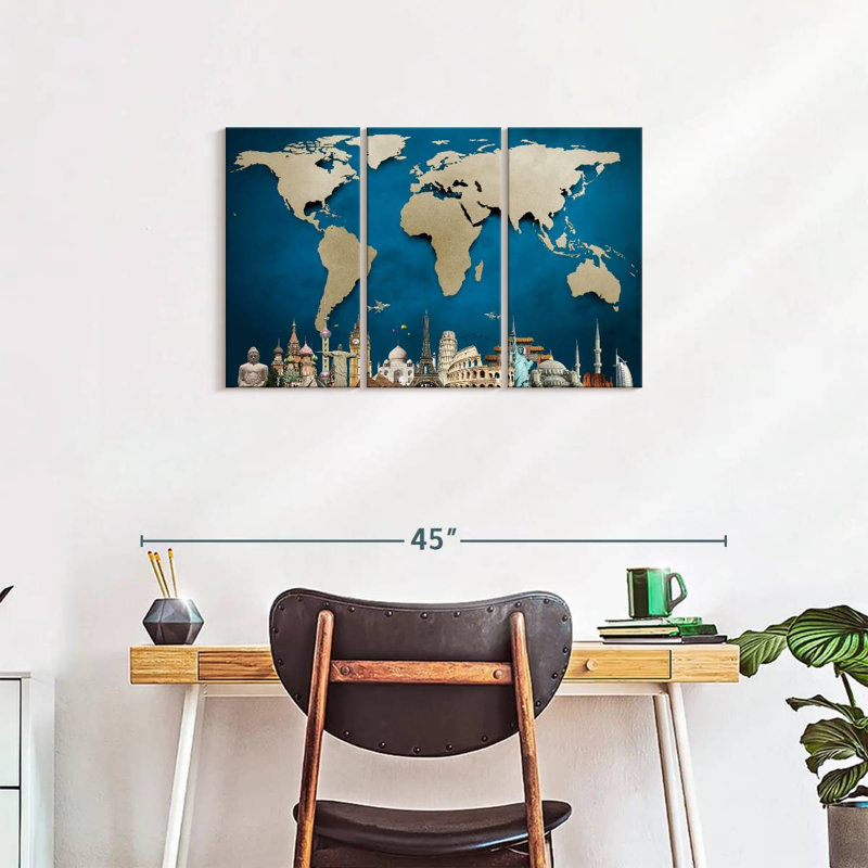 Carte du monde océan bleu 3 pièces, H 20 po x l 33 po x P 1,25 po