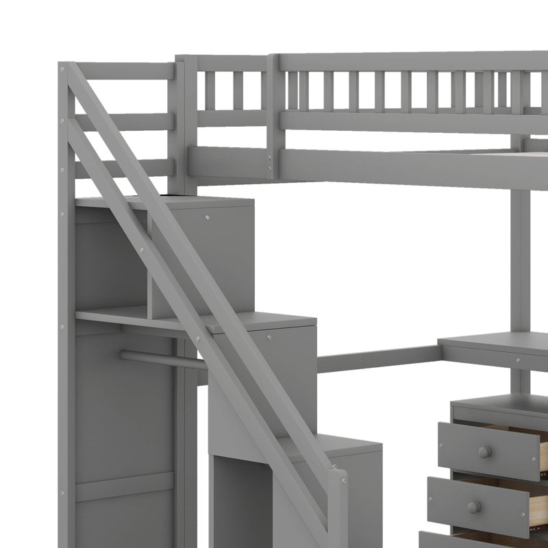 Lit mezzanine double avec commode, bureau et bande lumineuse, Gris