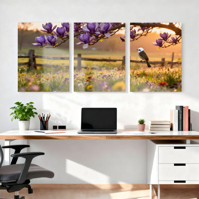 Fleur de printemps et oiseau, ensemble de 3 reproductions d'art sur toile tendues sur toile