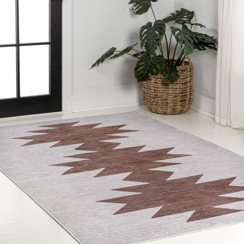 Tapis gris / brun à motif géométrique lavable à la machine Katriel, Rectangle 7 pi 10 po x 10 pi