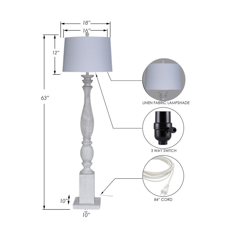 Benzonia 63'' Standard Floor Lamp with 3-Way Switch - Linen Shade, White