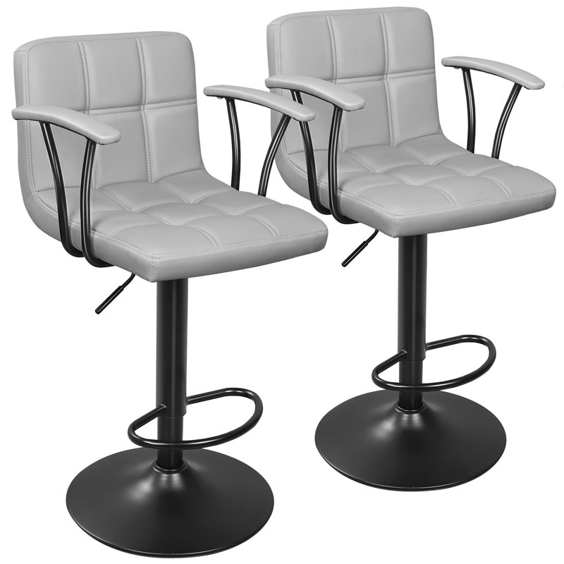 Tabourets de bar pivotants à hauteur réglable en cuir synthétique à double aiguille avec dossier et accoudoirs, Gris clair