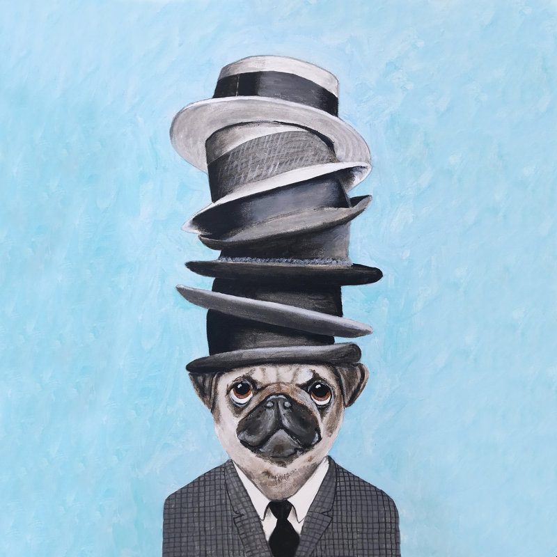 Carlin avec des chapeaux empilés - Peinture, H 12 po x l 12 po, Cadre simple blanc, Oui