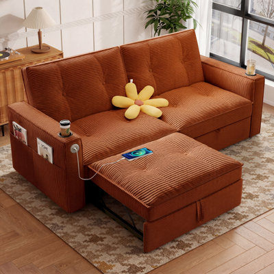 73.5" Pull Out Sleeper Sofa Bed Loveseat Chaise 3 In 1 Corduroy Convertible Couch With USB Charging & Cup Holders & Side Pocket & Adjustable Backrest