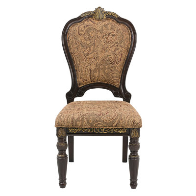 Chaises d'appoint traditionnelles de 2 pièces pour salle à manger de luxe, finition cerisier avec inclinaison dorée, revêtement en tissu, capacité de 250 lb, largeur de 22 po, conception à volutes, structure en bois, assise de 21,25 po de largeur