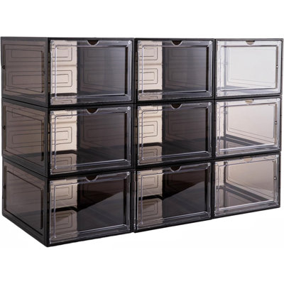 Clear Stackable Shoe Storage Boxes with Magnetic Drop Front Doors, Extra Large Plastic Shoe Organizer for Closet, Entryway and Bedroom, Black