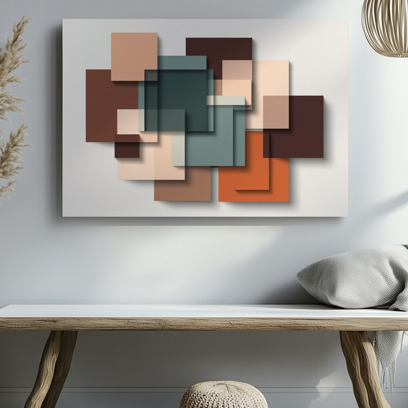 La toile crée une composition géométrique abstraite avec un mélange harmonieux de formes et de couleurs d'art mural, y compris des carrés et de l'art mural sur toile