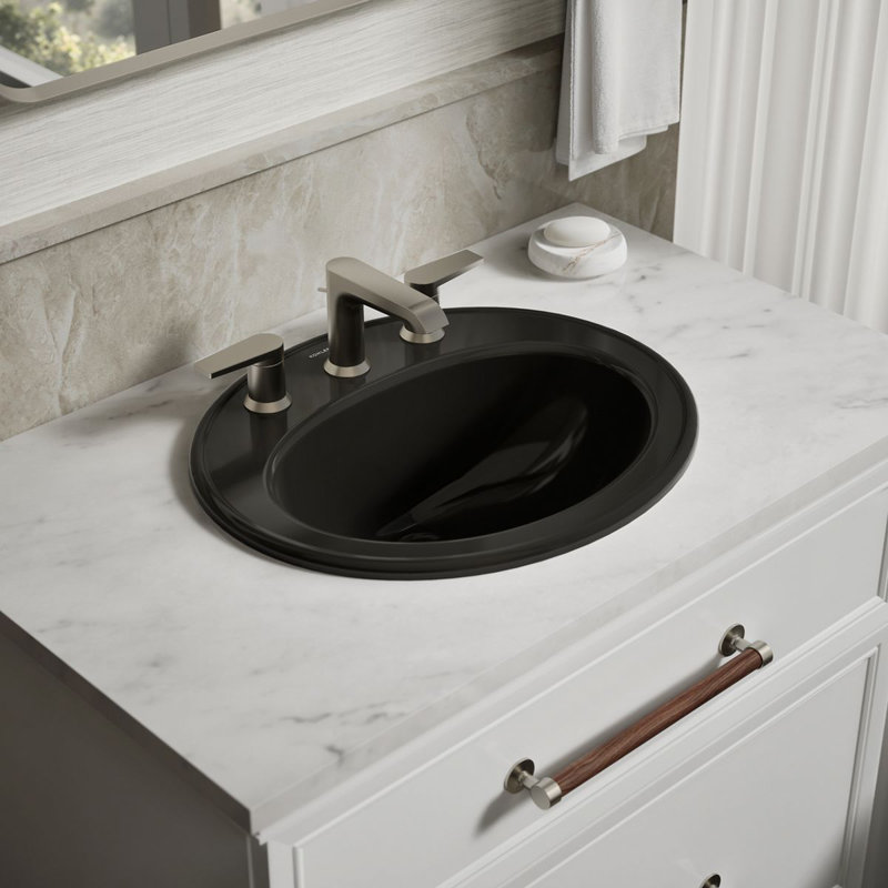 Pennington Ceramic Oval Drop-In Bathroom Sink with Overflow, Black , 8'' Centers