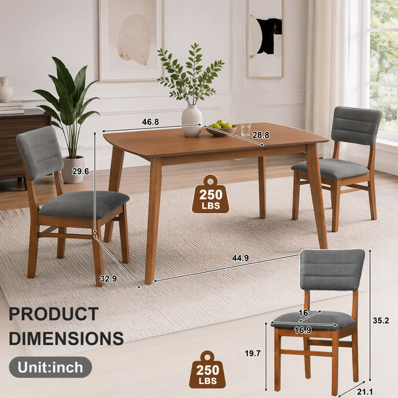 Ensemble de salle à manger 5 pièces avec cadre en bois d'hévéa et chaises rembourrées, Brun / Gris