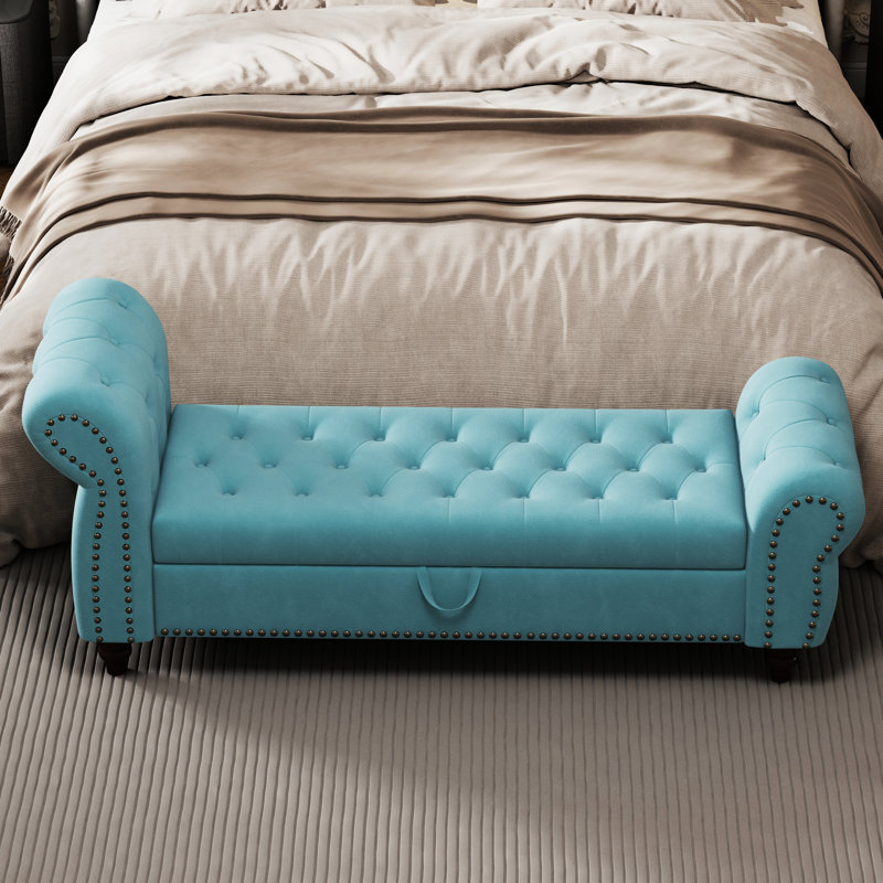 Banc de chambre 64,5 po en velours kaki avec rangement, Kaki