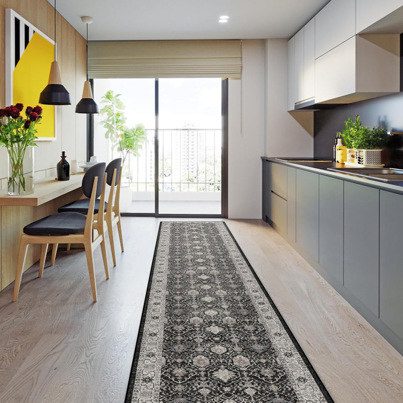 Washable Large Area Rug: Indoor Oriental Living Room Carpet with Non Slip Backing Ultra Soft Low Pile Rugs for Bedroom Dining Room Distressed Stain Resistant Thin Floor Mat (Black)