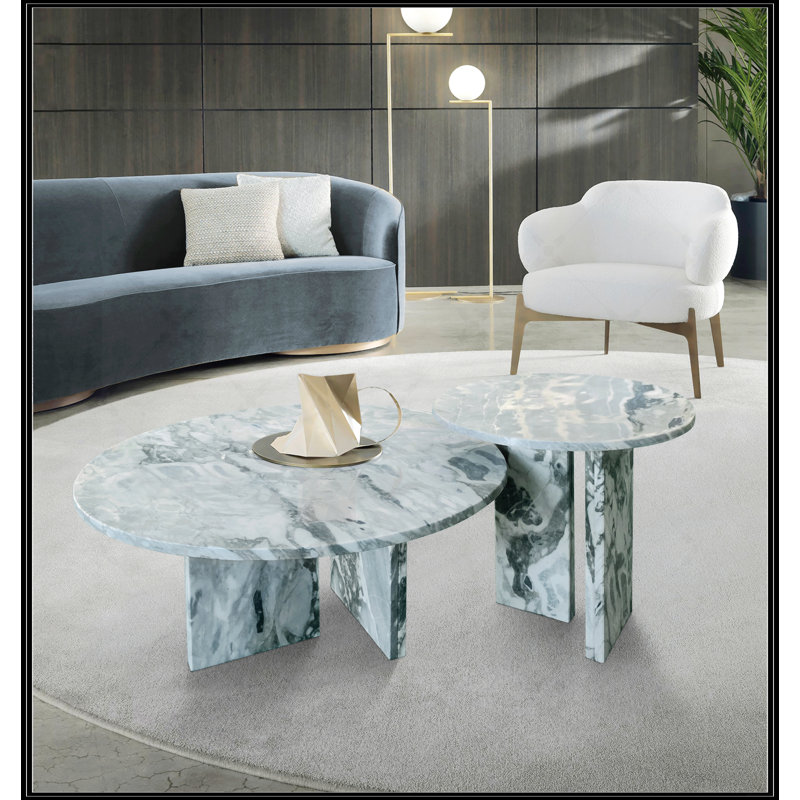 Ensemble de tables basses bleu gris et marbre naturel, Bleu gris, Bleu gris