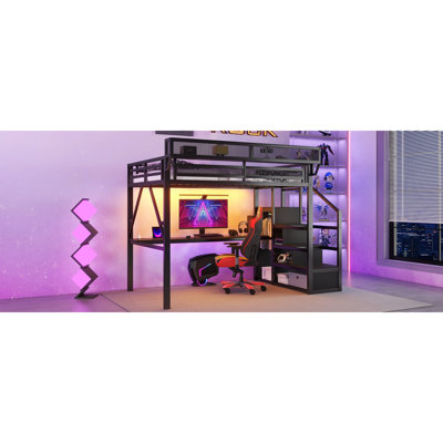 Lit mezzanine double avec bureau et station de charge, lit mezzanine double en métal avec escalier et éclairage pour enfants, noir (ancien SKU W2580S00077)