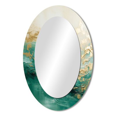 Gold And Green Soft Wave Fusion II - Modern Oval Wall Mirror