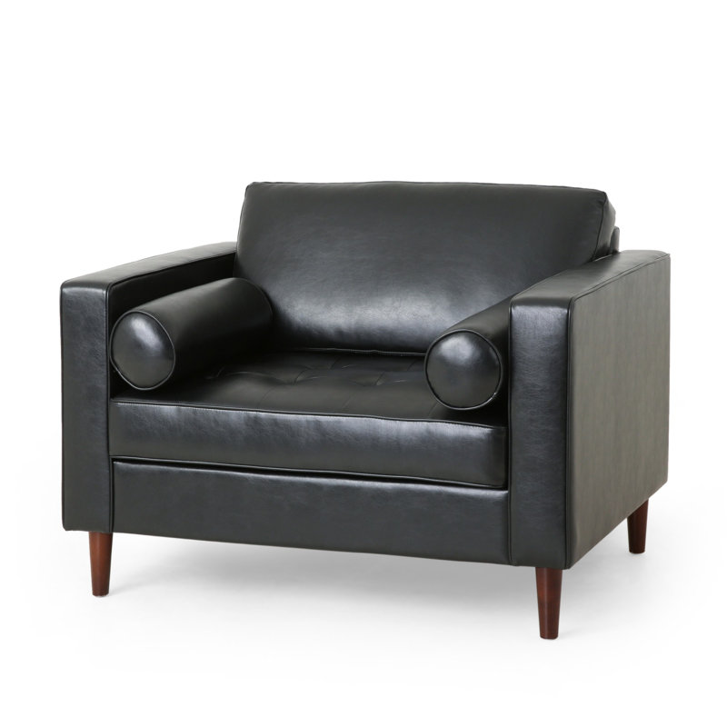 Bruch Tufted Club Chair, Accent chair, Reading chair with wood legs, Midnight Black Faux Leather