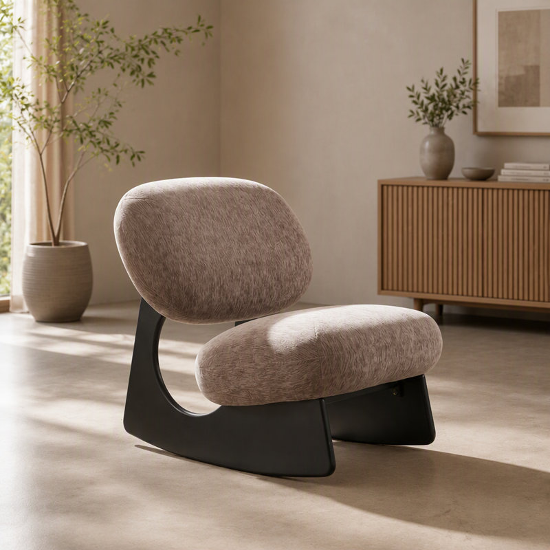 Fauteuil à bascule sans accoudoirs avec base creuse incurvée, revêtement en chenille douce et assise ovale ergonomique divisée, idéal pour le salon, la chambre ou la chambre d'enfant.