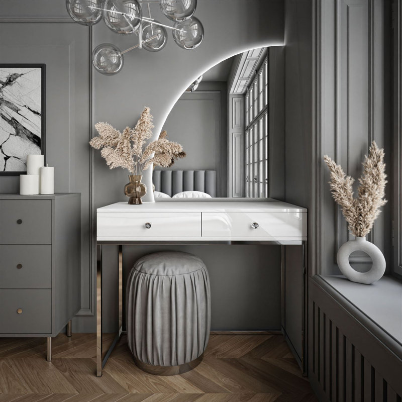 Brilen Dressing Table with Mirror, Chrome/White High Gloss