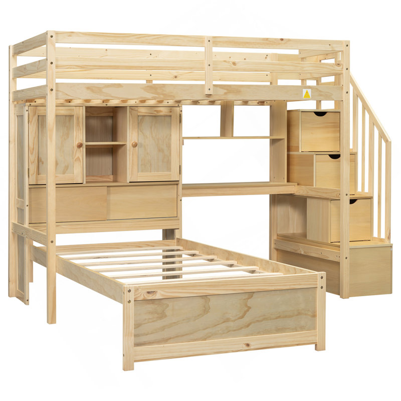 Lit mezzanine simple au-dessus de simple avec bureau intégré et escalier, avec compartiments de rangement et tablettes, naturel
