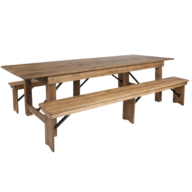 Dejon 8' x 40" Antique Rustic Folding Farm Table and Two Bench Set, Brown, 30"H x 108"L x 40"W