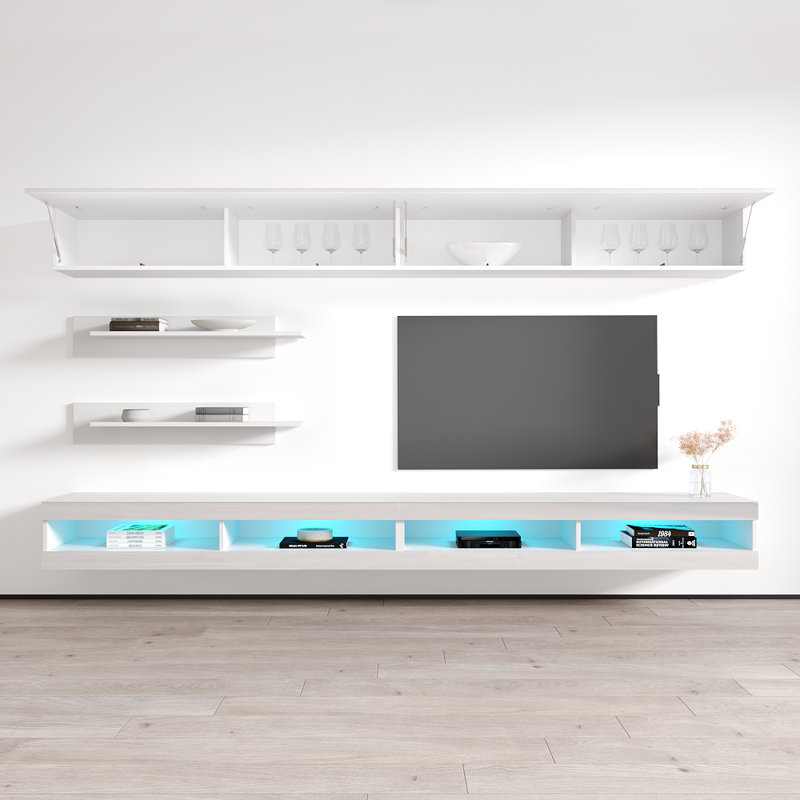 Lieberman 126" Modern Floating Wall Mounted Entertainment Center with 16-Color LED Lighting, High Gloss Finish, White
