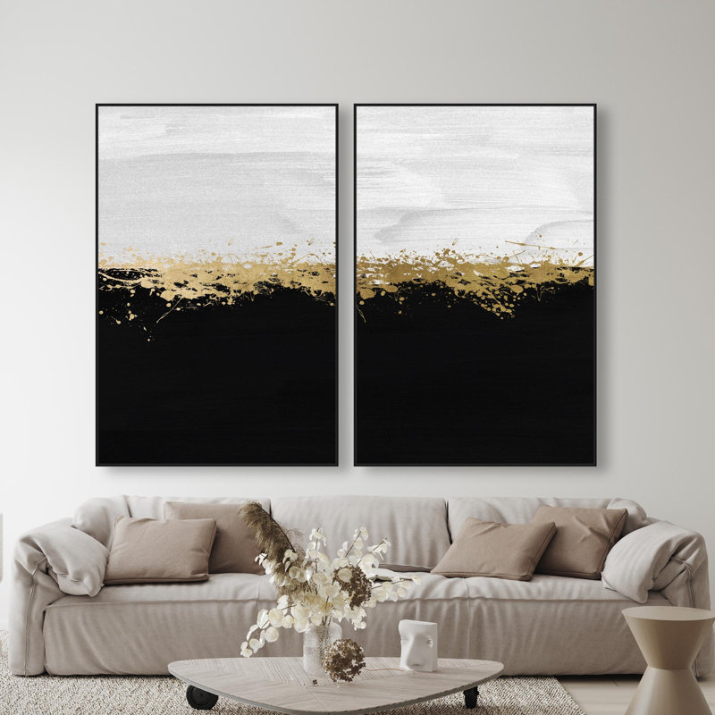 Oliver Gal Halfway in Black and White Diptych Abstract - Hand-Applied Leaf Framed Canvas Art, 55" H x 37" W, Black