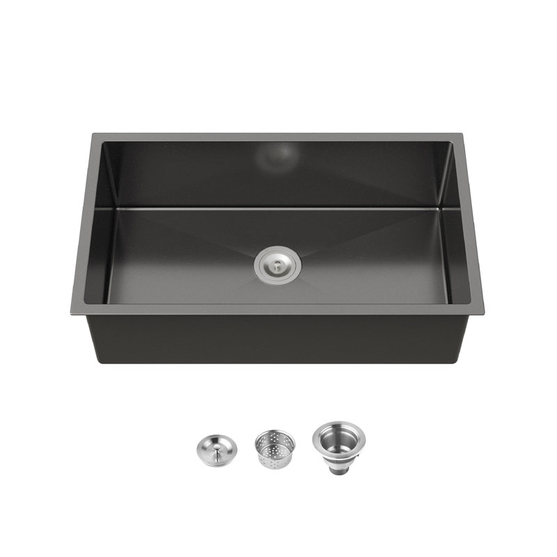 Évier de cuisine en acier inoxydable, lavabo simple encastré à la main noir de 33 po x 19 po, avec drain et crochet standards américains