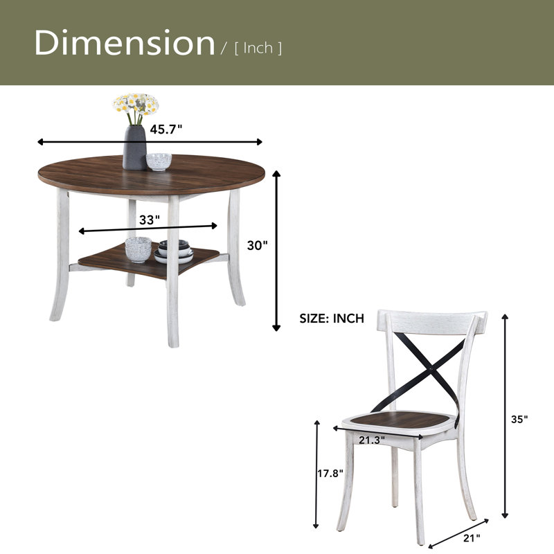 Ensemble de salle à manger 5 pièces, 1 table avec 4 chaises à dossier en X, finition bicolore blanc antique et noyer