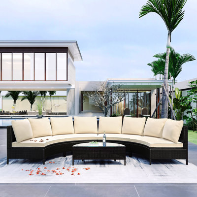 5 Pieces All-Weather Brown PE Rattan Wicker Sofa Set Outdoor Patio Sectional Furniture Set Half-Moon Sofa Set With Tempered Glass Table -  Latitude Run®, 88DDD20721CD43BF95A54157E559E7C5