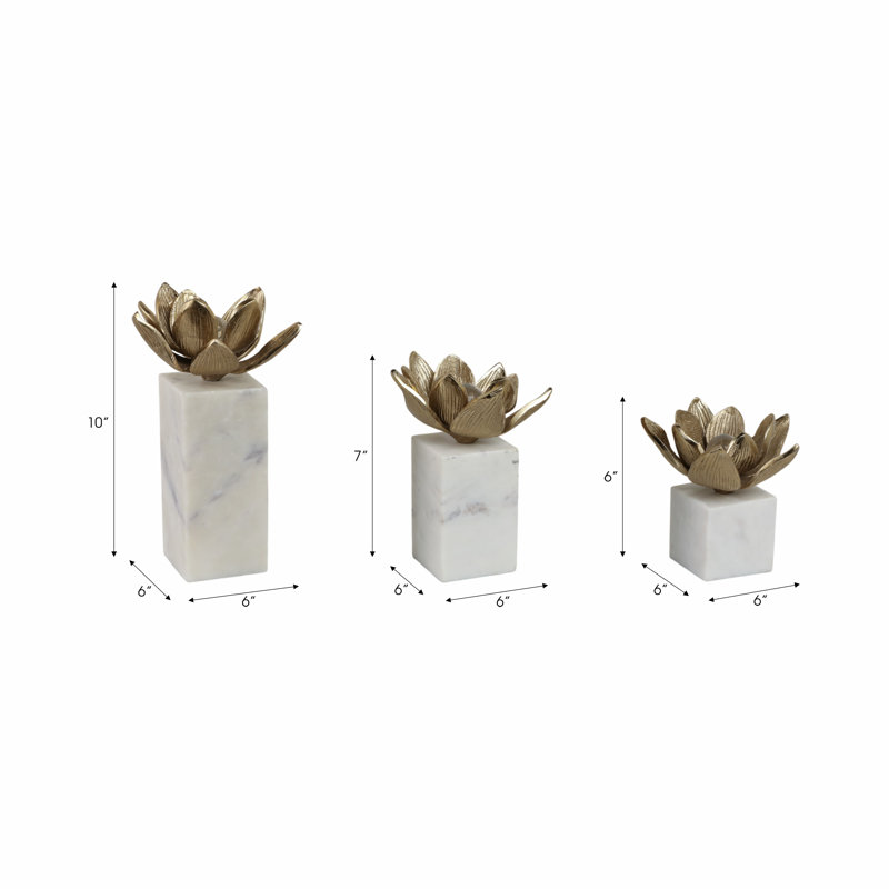 Sagebrook Home 3-Pieces Darby Flower Statuary With Marb, Gold/White