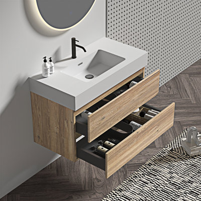Meuble-lavabo mural flottant avec lavabo à quartz et tiroirs souples