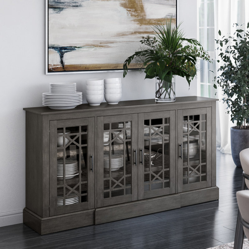 Andrine Buffet Sideboard with Decorative Glass Cabinet Doors, Weathered Gray